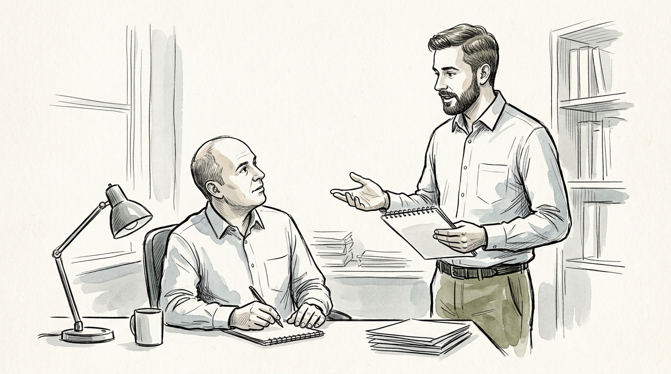 Two colleagues collaborating, with one taking notes while the other presents.