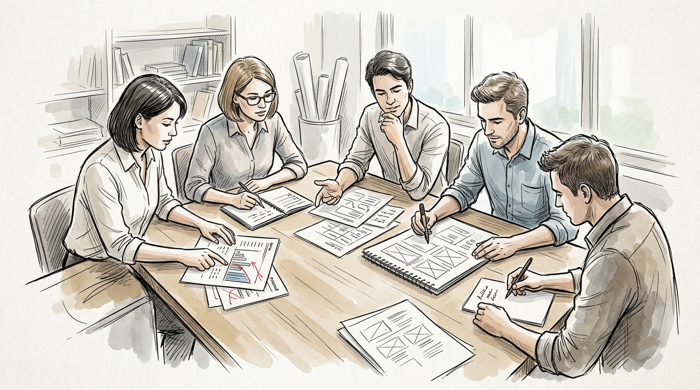 Professionals collaborating on an advertising campaign