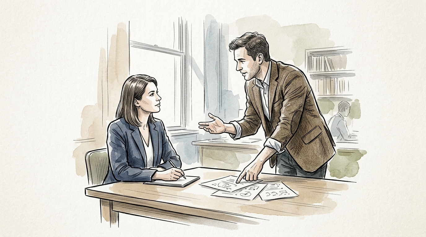 Two colleagues discussing documents at a desk in an office