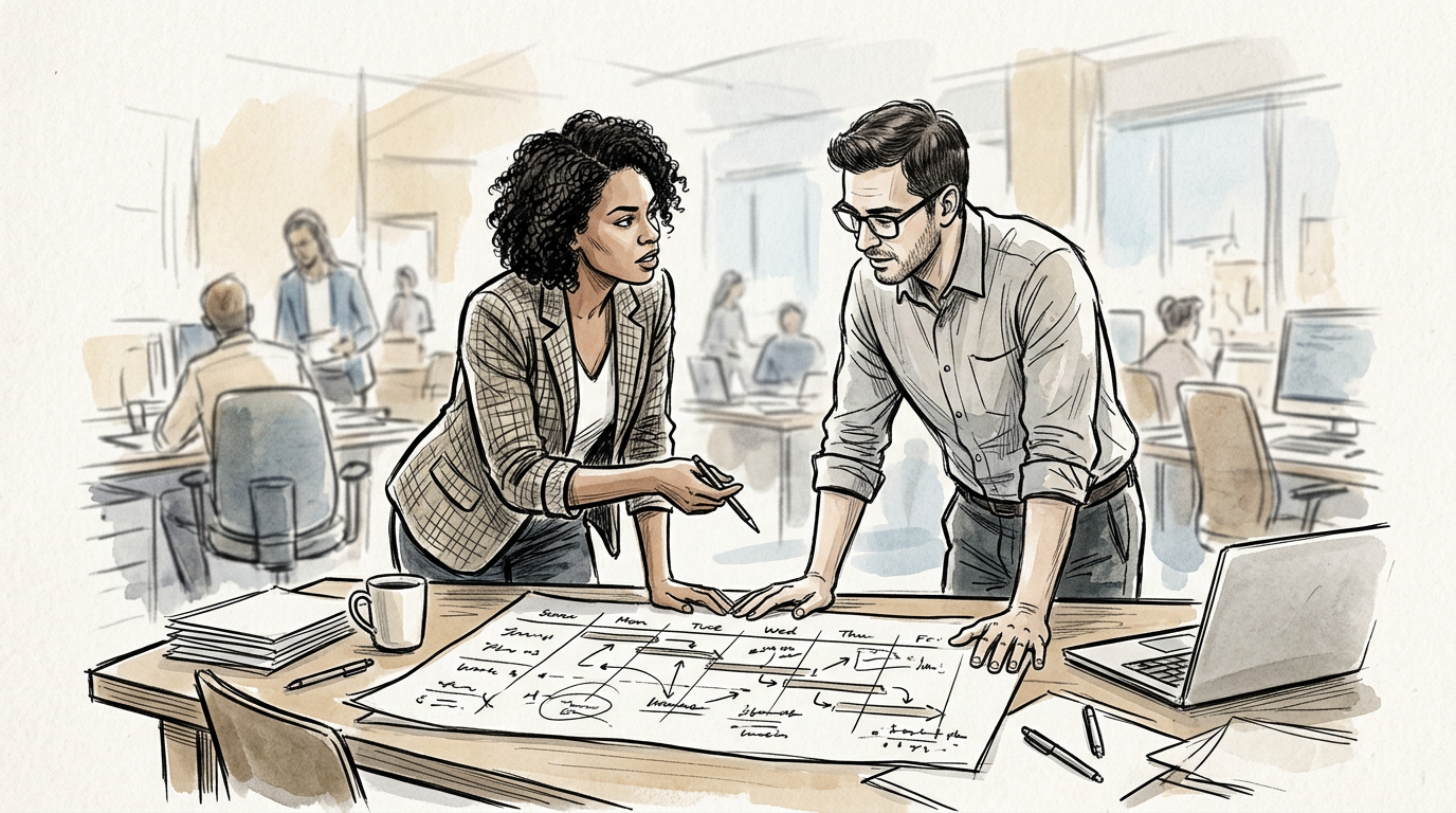 Colleagues discuss a focused project disagreement