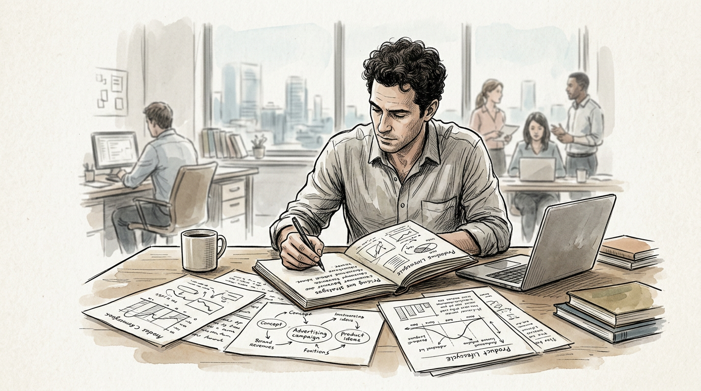 Man writing marketing ideas at a desk beside laptop and charts