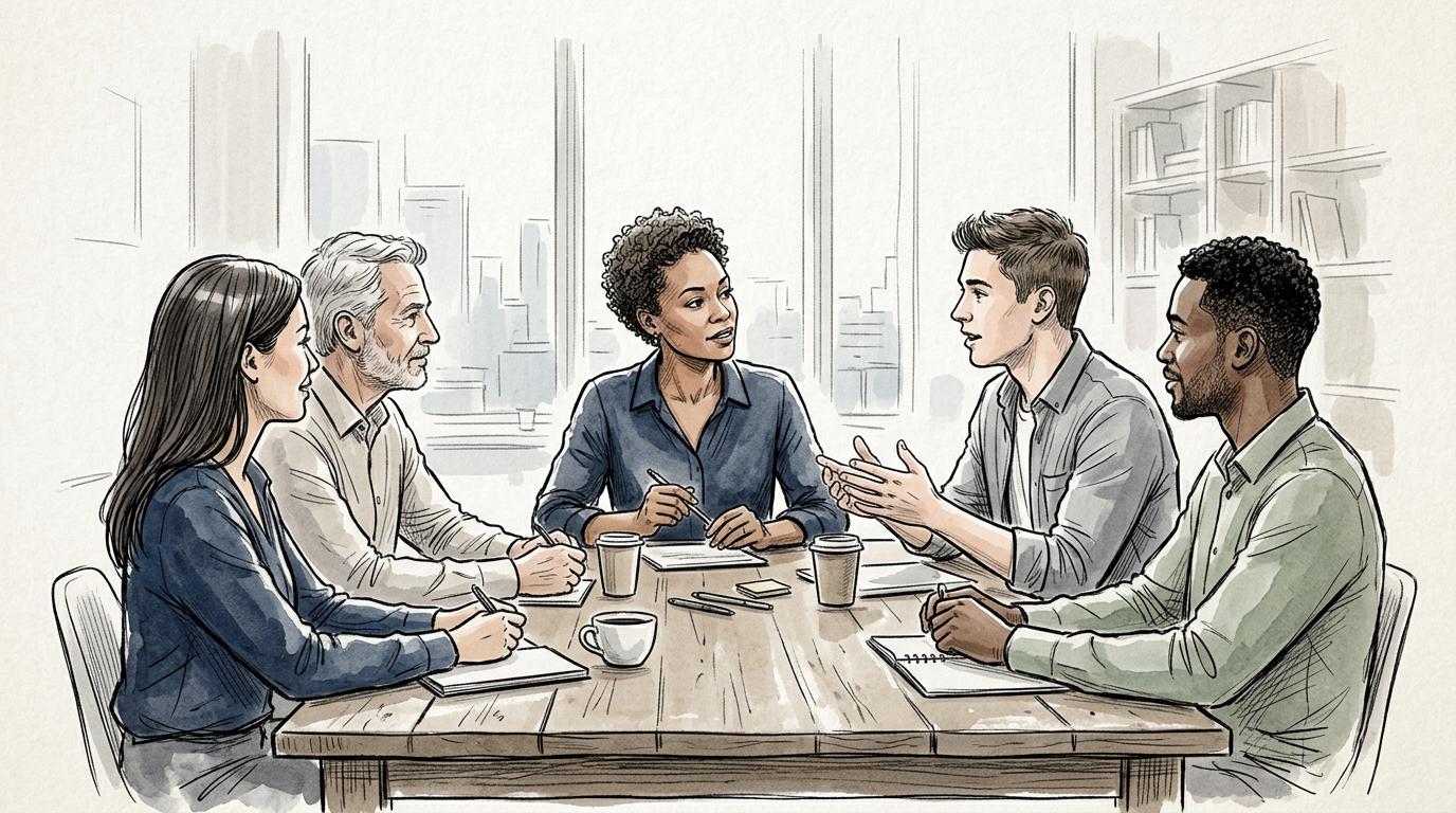Five colleagues discussing ideas around a conference table