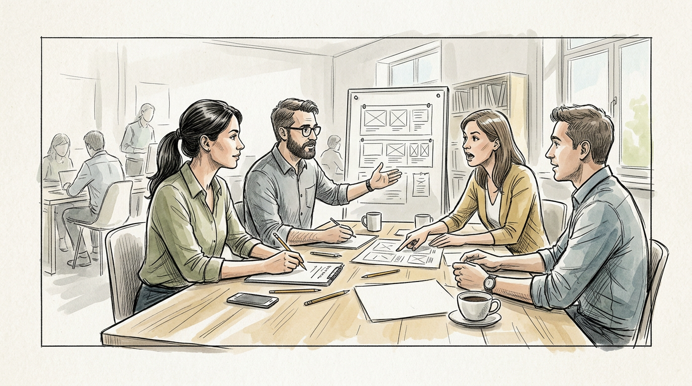 Four colleagues discussing design wireframes around a conference table