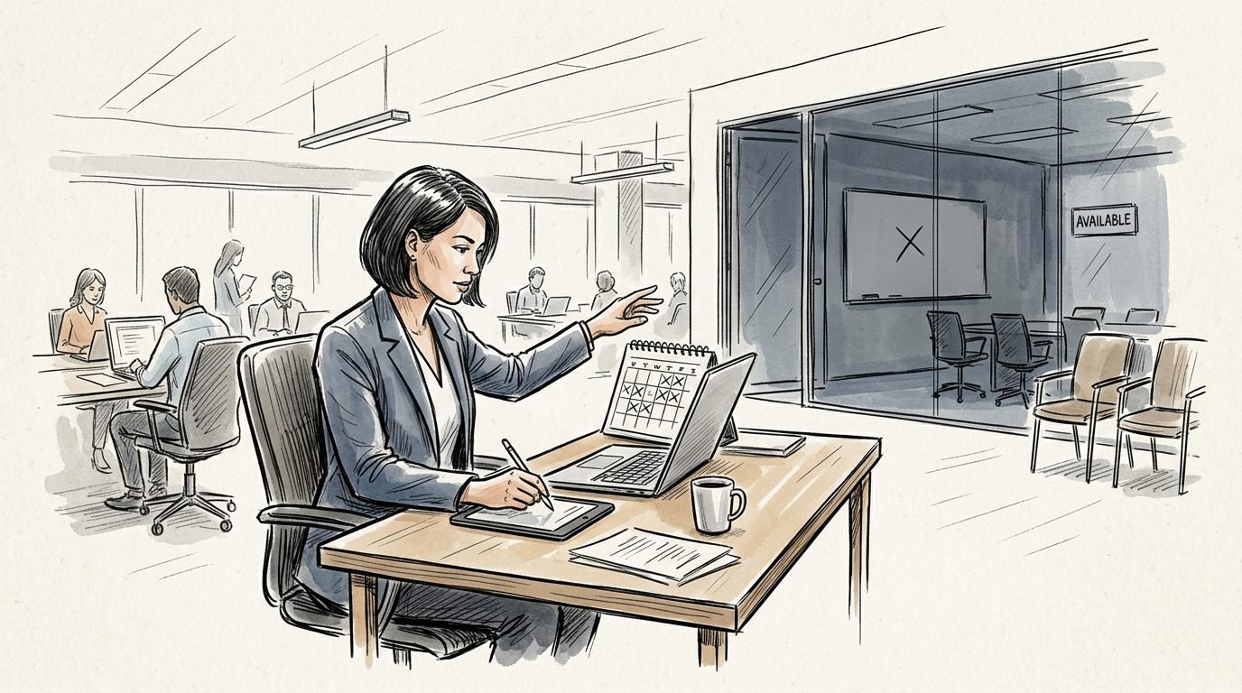 Office manager reviewing schedules at a desk beside an available meeting room