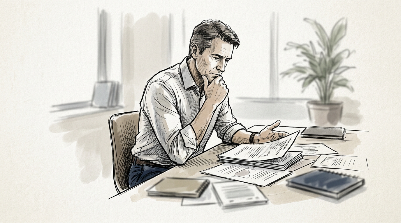 Man thoughtfully reviewing paperwork at a desk
