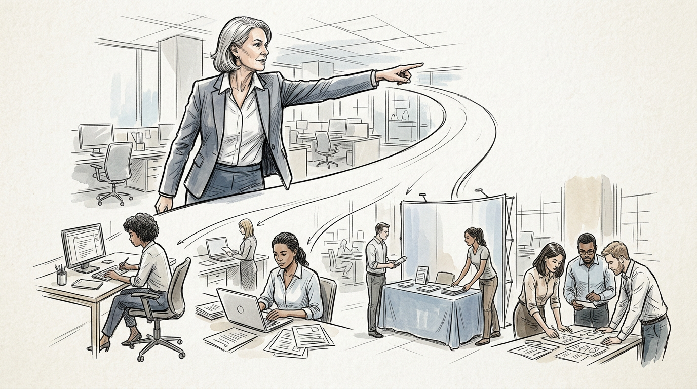 Business leader pointing while colleagues collaborate across a modern office