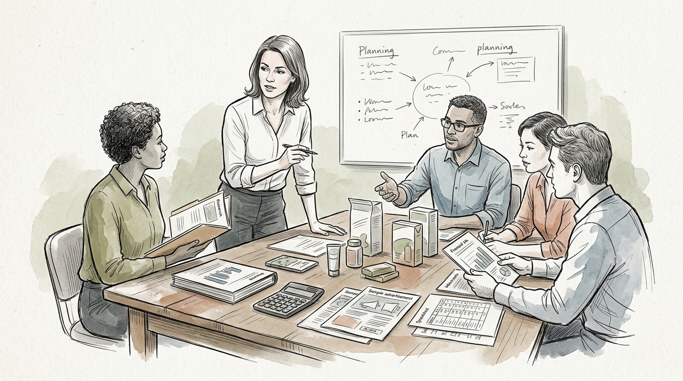 Team discussing plans around a table with reports and whiteboard
