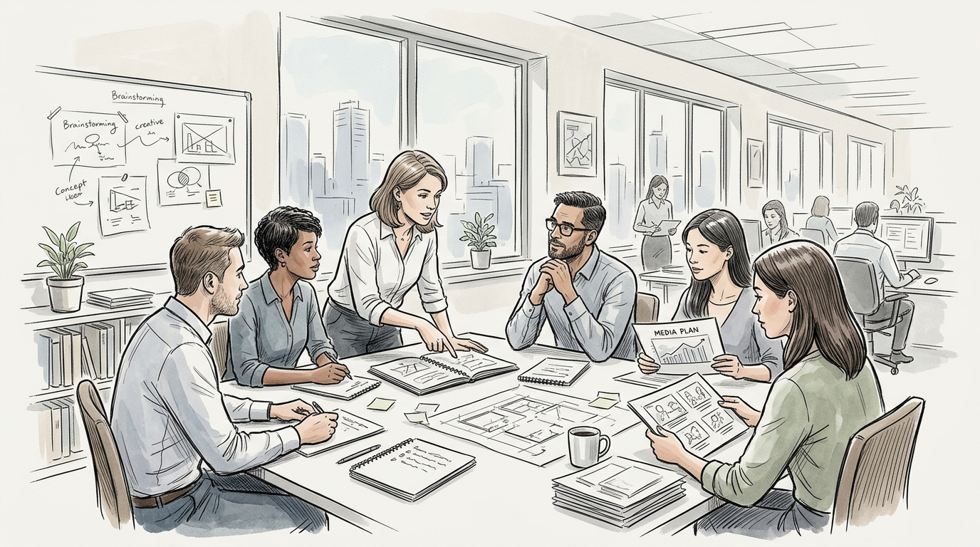 Team brainstorming around table with visible text: Brainstorming, creative, Concept Ideas, MEDIA PLAN