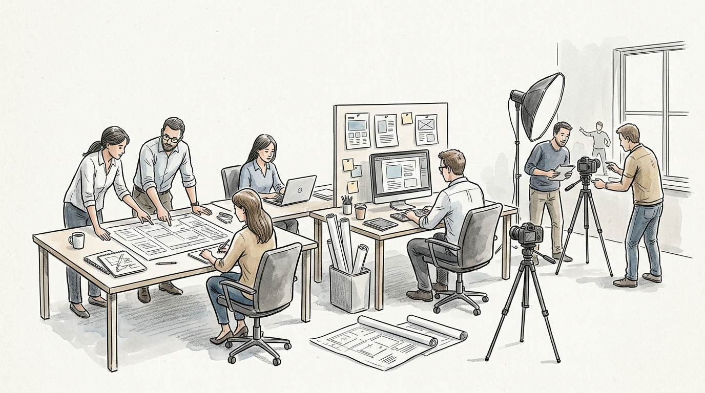 Creative team collaborating on designs as a video crew films nearby
