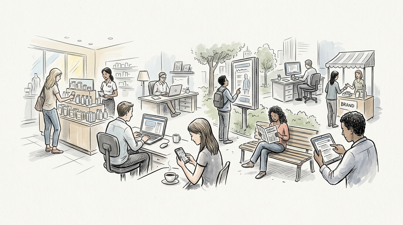 Illustration of people engaging with products, digital tools, events, and a BRAND kiosk