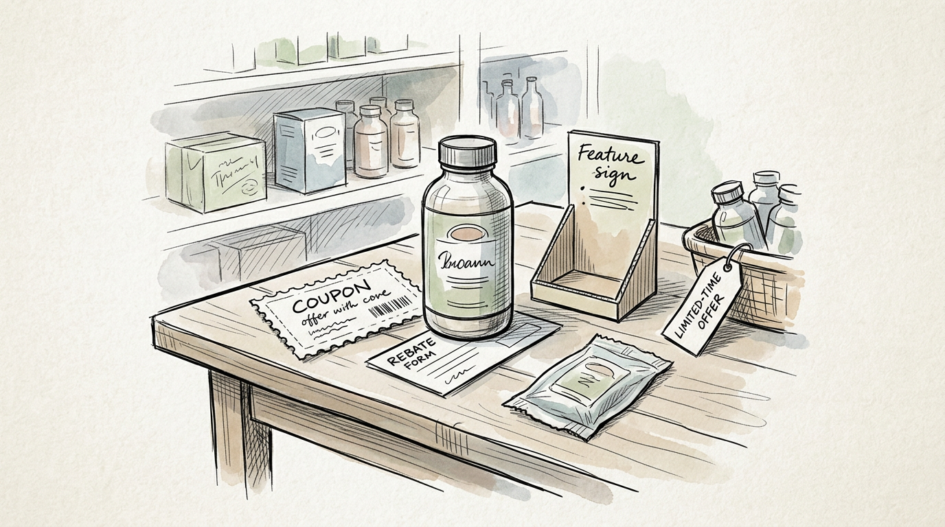 Retail display with featured bottle, coupon, rebate form, and limited-time offer sign