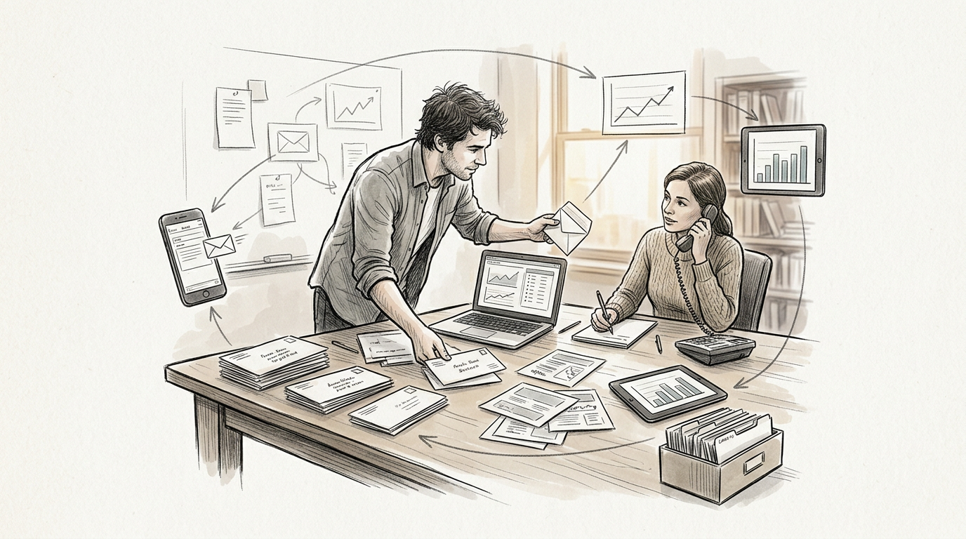 Two coworkers coordinating documents, messages, and business analytics at a desk