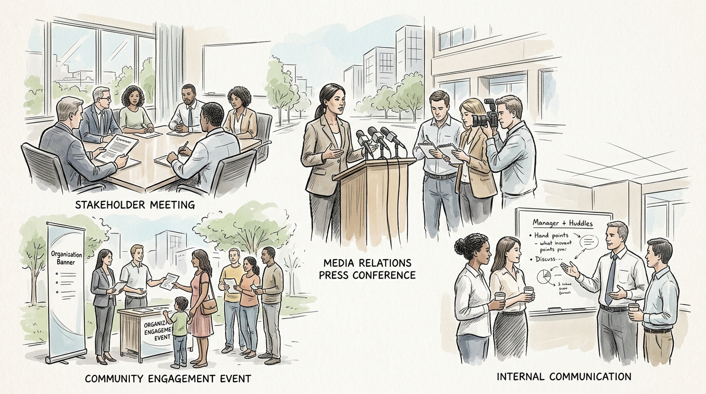 Illustration of stakeholder meeting, press conference, community event, and internal communication