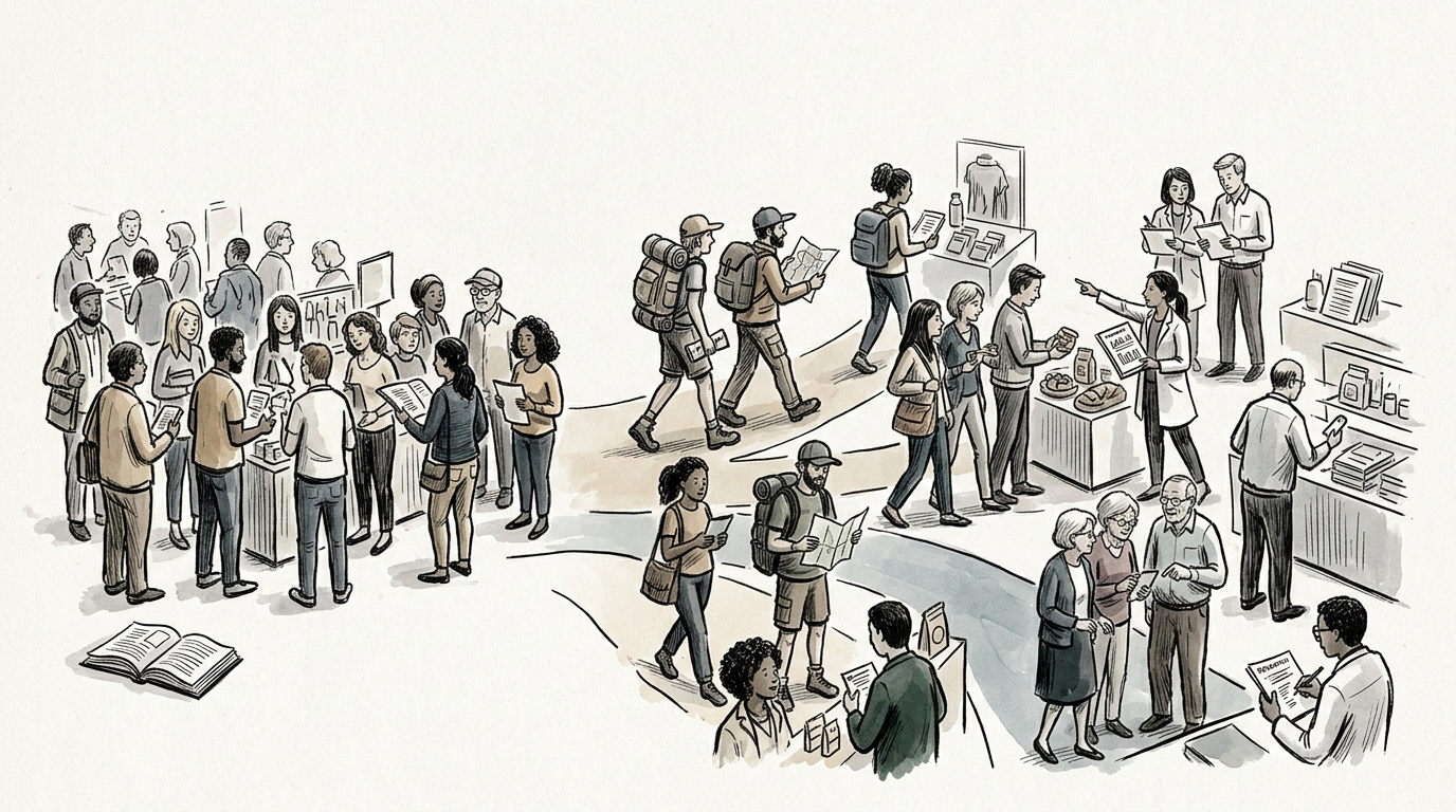 Illustrated book fair with visitors browsing exhibits and discussing books