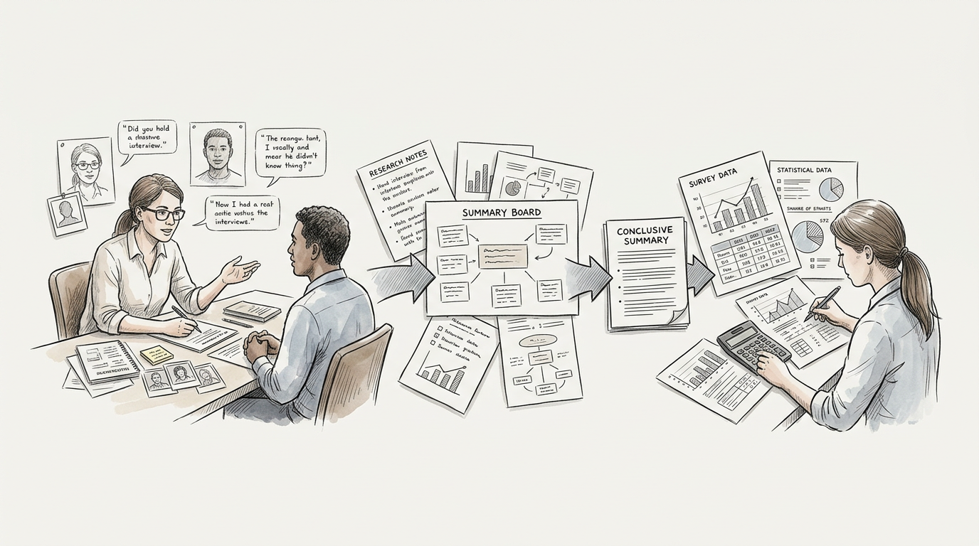 Illustration of interviews, research notes, summary board, survey data, and conclusive summary