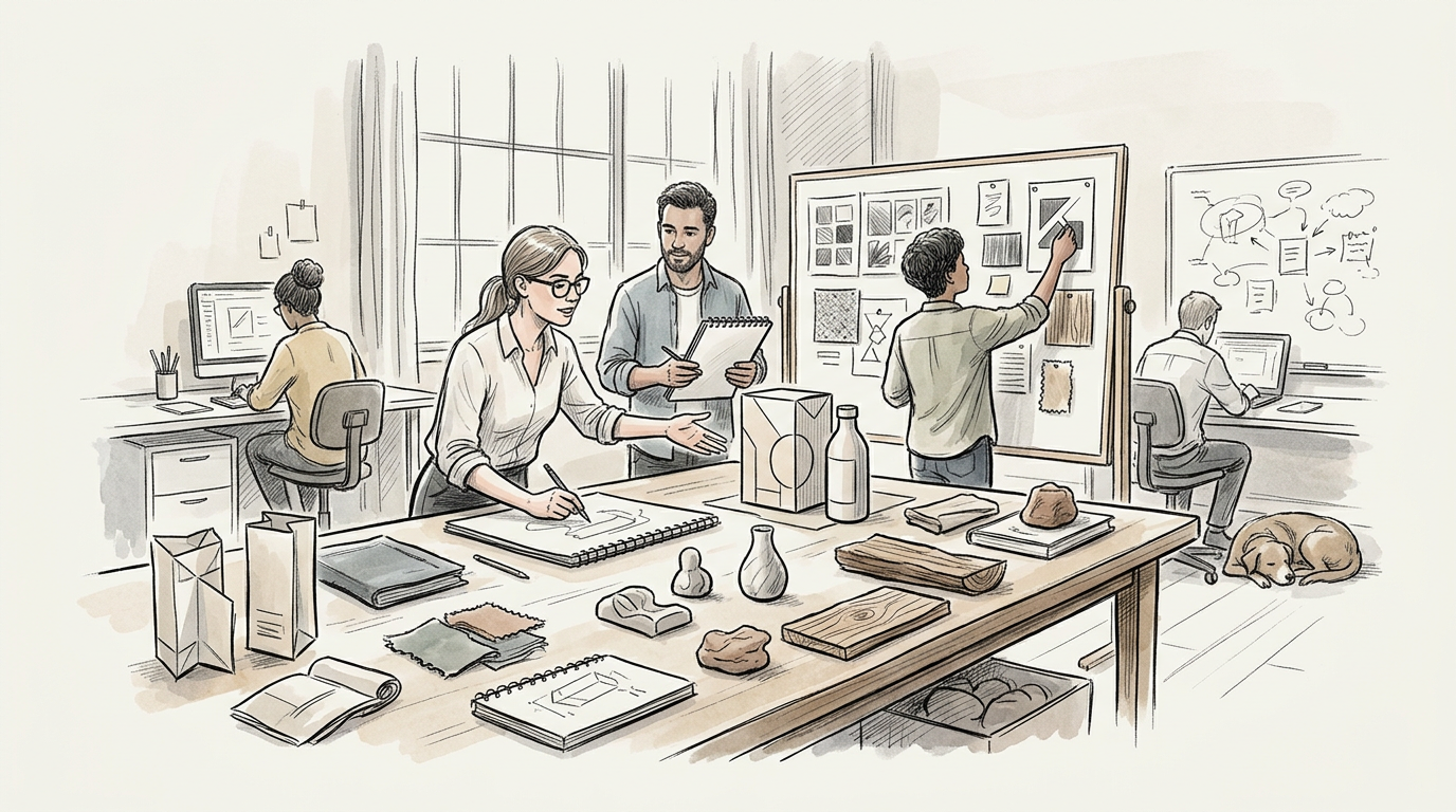 Design team collaborating around a table in a creative studio