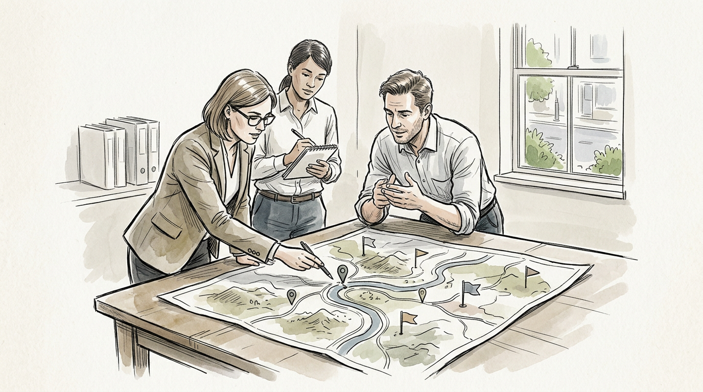 Three colleagues discussing a large map with marked routes and flags