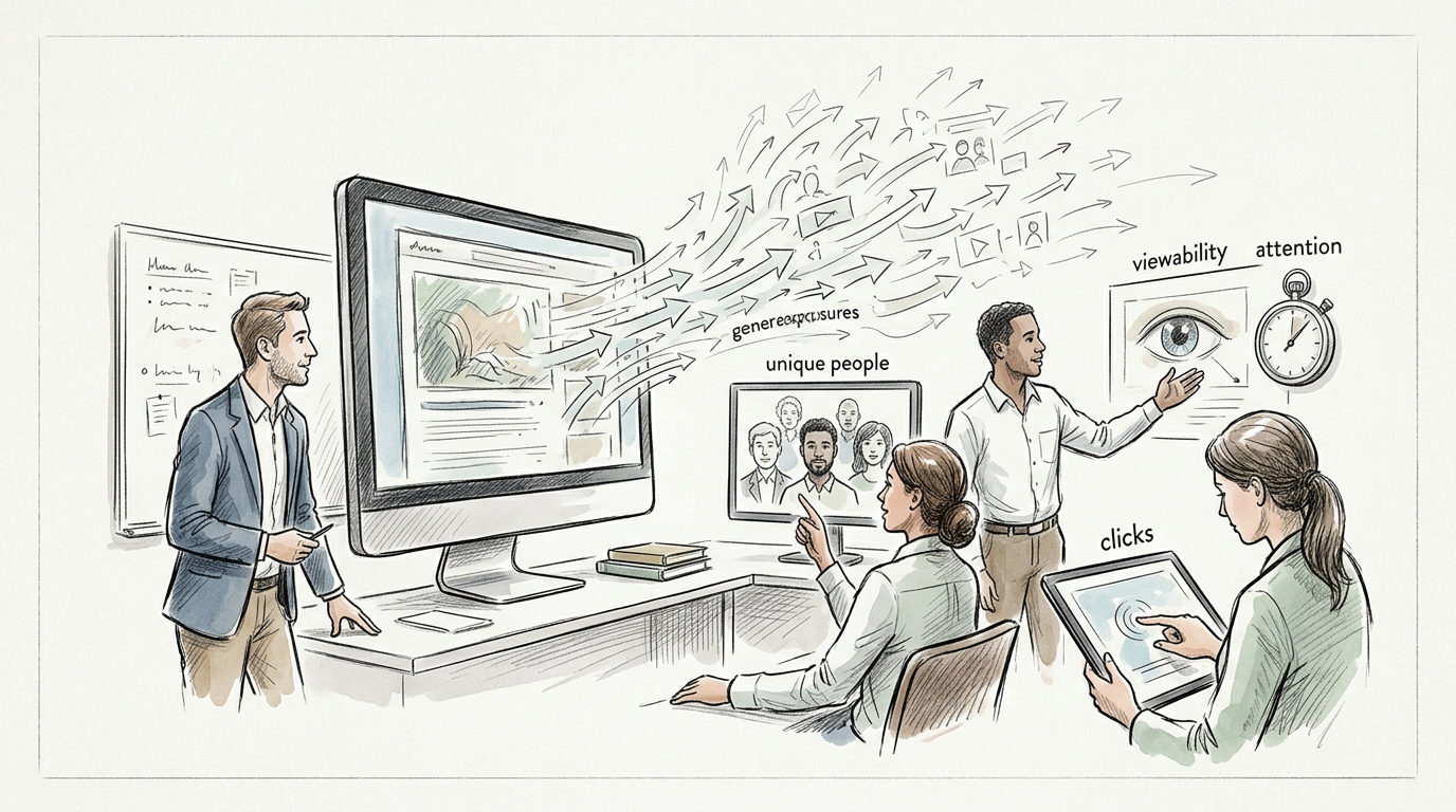 Marketing team reviewing digital campaign metrics labeled viewability, attention, unique people, and clicks